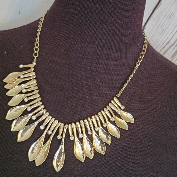 Vintage Jewelry - Vintage goldtone statement necklace with gold "spoons" and clear rhinestones